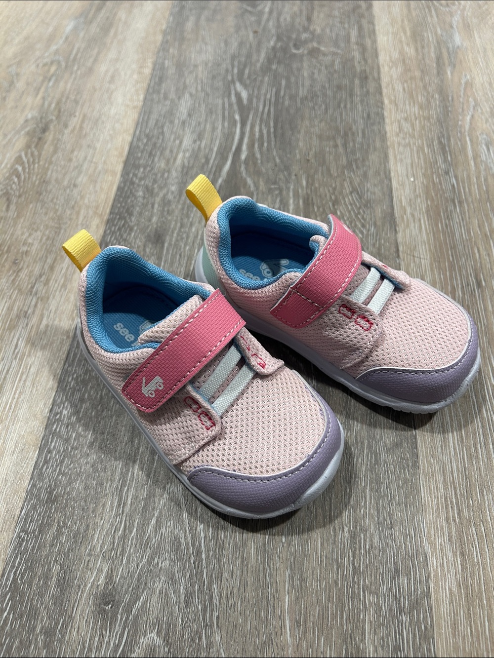See Kai Run Pink and Lavender Kids Sneakers with Yellow Heel Tab